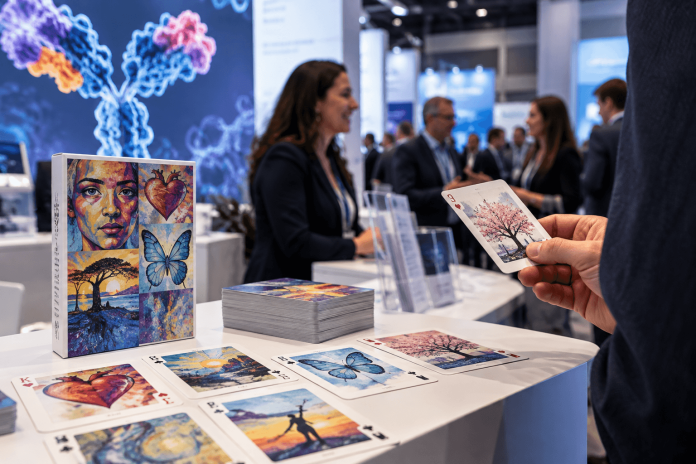 b2b-life-sciences-marketing-invenra-patient-art-world-adc Patient-inspired artwork displayed on playing cards at a biotechnology conference, illustrating Invenra's human-centered approach to B2B life sciences marketing.
