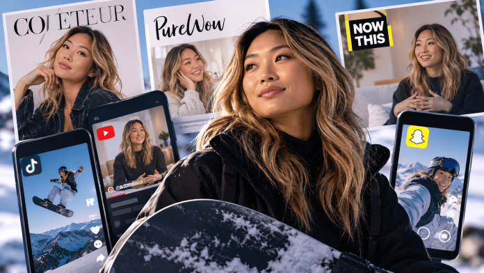Chloe Kim featured in a Qelbree marketing campaign visual connecting snowboard culture, publisher partnerships, and social media platforms.