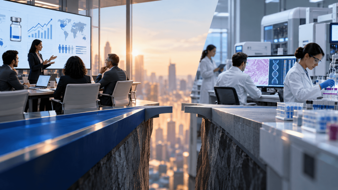 Pharmaceutical executives planning a precision medicine launch alongside diagnostic laboratory scientists, illustrating the gap between drug readiness and companion diagnostic testing.