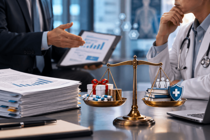 Pharmaceutical representative presenting clinical data to a physician, with a balance scale symbolizing the tension between pharma influence, ethical HCP marketing, and patient care.