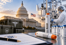 No Consumers. No DTC. So What Does Pharma Marketing Look Like When Washington Is the Customer? Government pharma commercialization featuring the U.S. Capitol, emergency medical auto-injectors, federal procurement documents, and pharmaceutical manufacturing.