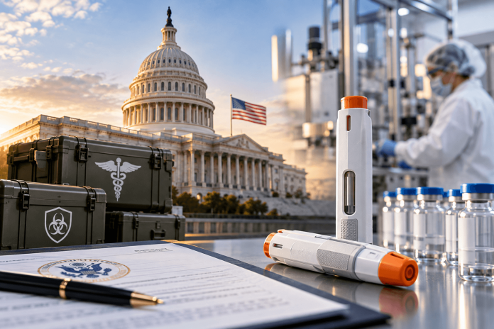 government-pharma-commercialization-barda-kaleo-auto-injectors Government pharma commercialization featuring the U.S. Capitol, emergency medical auto-injectors, federal procurement documents, and pharmaceutical manufacturing.