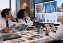 What Happens When Doctors—Not Marketers—Pick the Best Pharma Campaign? Physicians reviewing healthcare campaign concepts and clinical marketing materials during a collaborative discussion