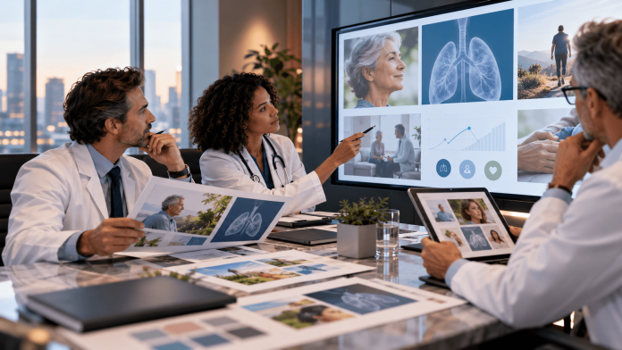 hcp-centered-marketing-physician-campaign-review Physicians reviewing healthcare campaign concepts and clinical marketing materials during a collaborative discussion