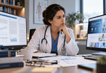 Doctors Trust the Journal. They Don’t Trust Your Content Nearly as Much. Female physician comparing peer-reviewed medical research with pharmaceutical marketing content on two monitors, highlighting the importance of scientific evidence and trust.