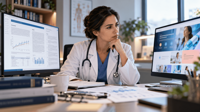 hcp-content-credibility-doctors-trust-medical-journals Female physician comparing peer-reviewed medical research with pharmaceutical marketing content on two monitors, highlighting the importance of scientific evidence and trust.