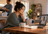 “I’ll Start Therapy When Life Calms Down.” Rula Tried to Remove the Excuse. A woman attends an online therapy session while someone handles household chores in the background, illustrating how practical support can reduce barriers to mental healthcare.