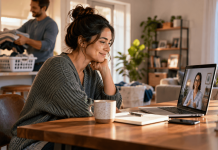 “I’ll Start Therapy When Life Calms Down.” Rula Tried to Remove the Excuse. A woman attends an online therapy session while someone handles household chores in the background, illustrating how practical support can reduce barriers to mental healthcare.