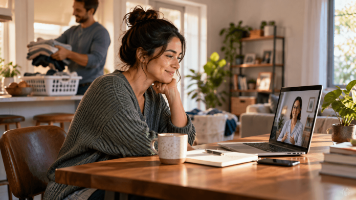 healthcare-behavior-change-rula-taskrabbit-therapy A woman attends an online therapy session while someone handles household chores in the background, illustrating how practical support can reduce barriers to mental healthcare.