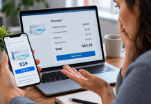 The Ad Said $39. Checkout Said More. When Does Price Become a Marketing Claim? Consumer comparing a $39 contact lens advertisement on a smartphone with a higher checkout total on a laptop, highlighting healthcare pricing transparency.