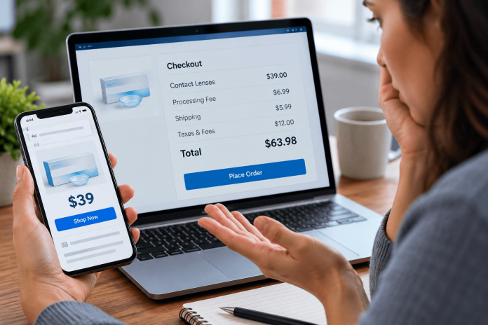 healthcare-pricing-transparency-hidden-fees-checkout Consumer comparing a $39 contact lens advertisement on a smartphone with a higher checkout total on a laptop, highlighting healthcare pricing transparency.