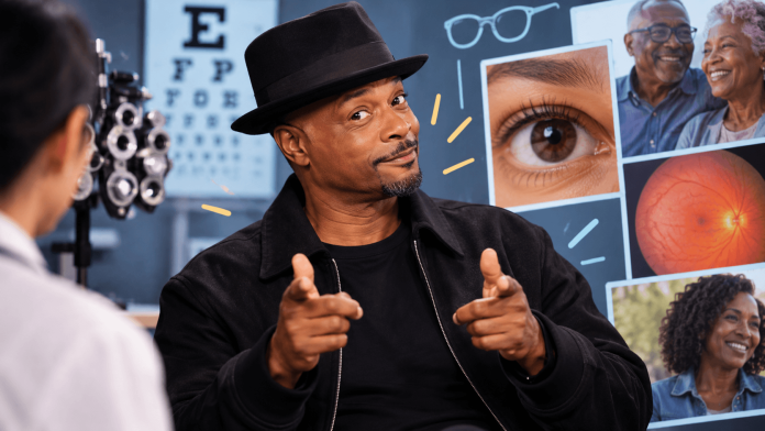 humor-in-pharma-marketing-damon-wayans-dme Damon Wayans using humor in a diabetic eye health awareness campaign focused on DME and vision care.