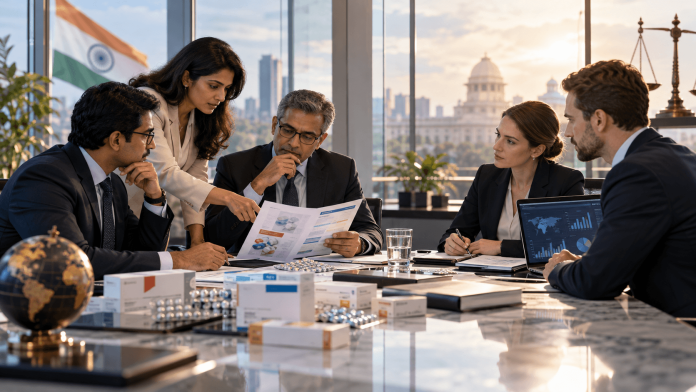 india-pharma-marketing-regulation-global-brands Pharmaceutical marketing and compliance executives reviewing promotional materials and regulatory policies in India amid growing scrutiny of pharma marketing practices.