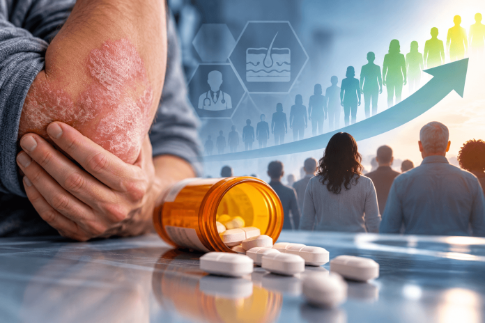 jj-icotyde-pharma-category-expansion-psoriasis Psoriasis patient with oral medication and a growing patient population illustrating J&J's Icotyde launch and pharma category expansion.
