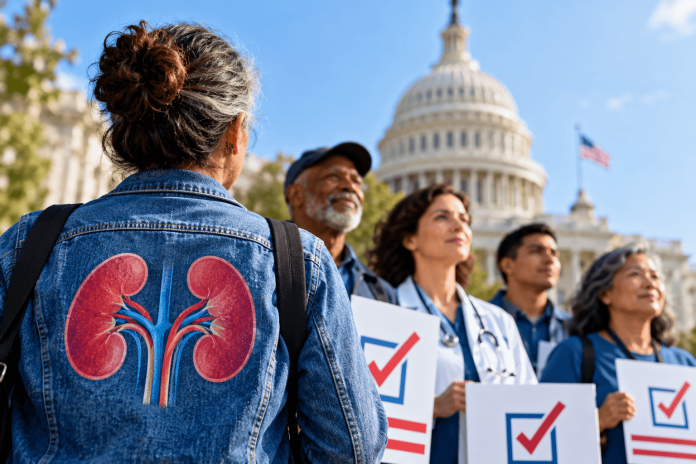 Kidney patients, caregivers, and healthcare professionals gather near the U.S. Capitol to promote civic engagement, healthcare policy reform, and patient advocacy.