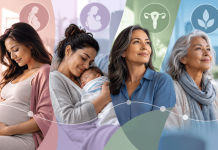 Pregnancy. Postpartum. Menopause. “Women” Is Not a Marketing Segment. Women at different life stages, from pregnancy and postpartum motherhood to menopause and healthy aging, illustrating personalized healthcare marketing.