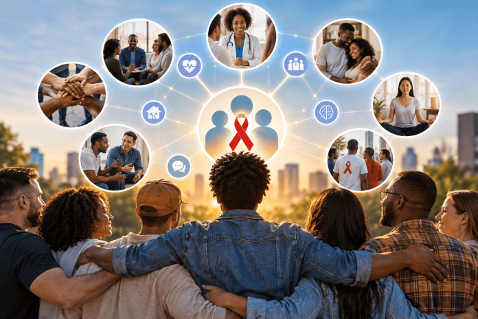merck-hiv-hive-whole-person-patient-engagement Diverse group of people representing a whole-person HIV support network of clinicians, family, peers, advocates, and mental wellness resources.