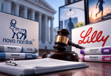 Novo Wanted Lilly’s Ads Stopped. The Fight Over Pharma Claims Just Moved to Court. Novo Nordisk and Eli Lilly logos beside weight-loss medications and a judge's gavel, illustrating their pharmaceutical advertising lawsuit.