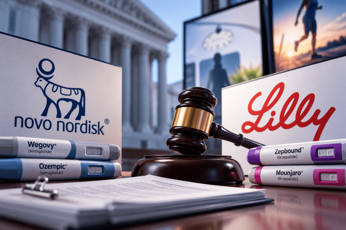 Novo Nordisk and Eli Lilly logos beside weight-loss medications and a judge's gavel, illustrating their pharmaceutical advertising lawsuit.