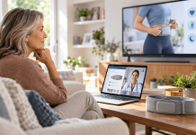 A Prescription Wearable Went on TV. The Funnel Looks Nothing Like Pharma’s Usual One. Woman exploring an Osteoboost prescription wearable after seeing a TV advertisement, with an online doctor consultation and medical device information on her laptop.