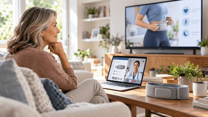 osteoboost-prescription-device-marketing-tv-telehealth Woman exploring an Osteoboost prescription wearable after seeing a TV advertisement, with an online doctor consultation and medical device information on her laptop.