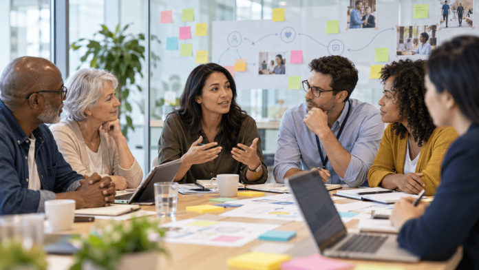patient-ambassador-strategy-healthcare-research-workshop Diverse patient ambassadors and healthcare professionals collaborating in a research workshop to improve patient experiences and pharmaceutical marketing strategies.