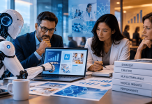 AI Cut the Hours. Should Pharma Still Pay Agencies the Same Way? Pharma marketing team discussing AI, agency compensation, strategy, compliance, and performance in a modern office.