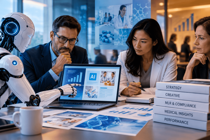 pharma-agency-compensation-ai-agency-model Pharma marketing team discussing AI, agency compensation, strategy, compliance, and performance in a modern office.