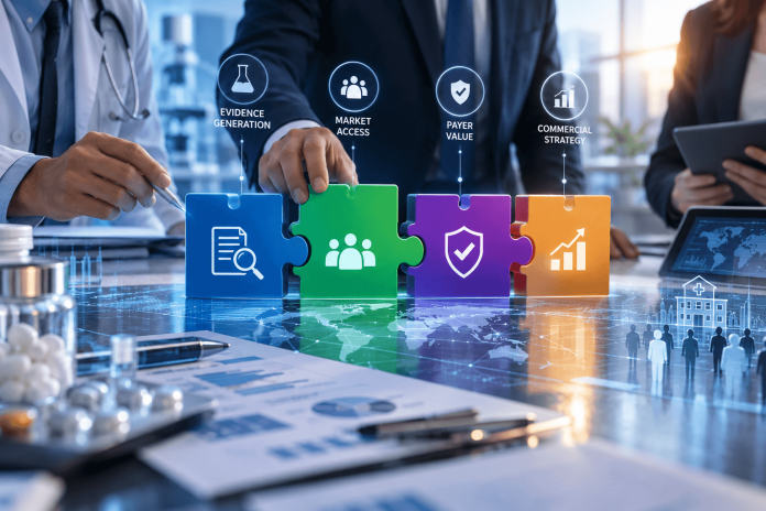 Healthcare and pharmaceutical professionals connecting evidence generation, market access, payer value, and commercial strategy through an integrated commercialization model.