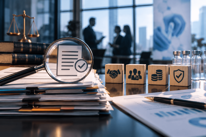 pharma-marketing-governance-compliance-oversight Pharmaceutical marketing governance and compliance oversight illustrated by approval documents, financial records, and healthcare industry professionals.