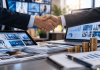 Your Media Agency Recommended the Inventory. What If It Makes Money When You Buy It? Pharmaceutical marketing agency representatives shaking hands over a media buying agreement, with digital advertising dashboards, healthcare campaigns, and financial charts illustrating agency revenue incentives.