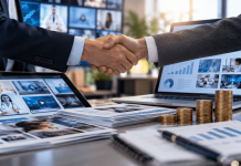 Your Media Agency Recommended the Inventory. What If It Makes Money When You Buy It? Pharmaceutical marketing agency representatives shaking hands over a media buying agreement, with digital advertising dashboards, healthcare campaigns, and financial charts illustrating agency revenue incentives.