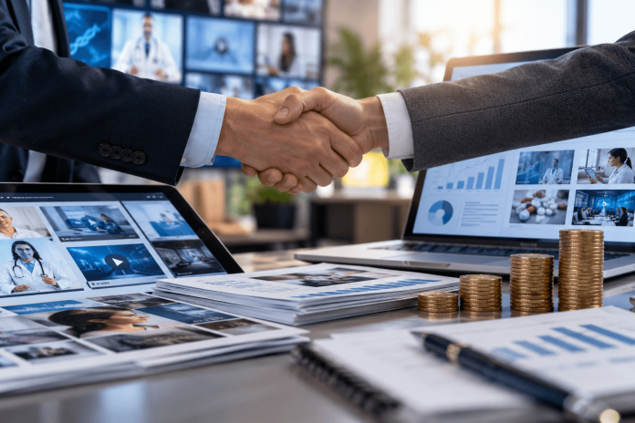 principal-media-buying-pharma-agency-conflicts-of-interest Pharmaceutical marketing agency representatives shaking hands over a media buying agreement, with digital advertising dashboards, healthcare campaigns, and financial charts illustrating agency revenue incentives.