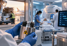 Your Drug Is Decaying on the Way to the Patient. Welcome to Radiopharma Marketing. Healthcare technician handling a radioactive medicine container as medical teams coordinate radioligand therapy delivery, scheduling, and patient treatment.