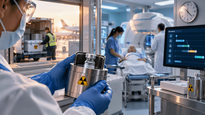radioligand-therapy-commercialization-pharma-logistics Healthcare technician handling a radioactive medicine container as medical teams coordinate radioligand therapy delivery, scheduling, and patient treatment.
