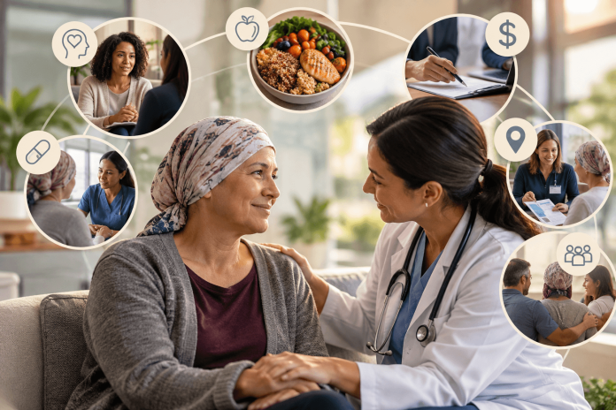 supportive-care-marketing-cancer-patient-support Cancer patient receiving compassionate support from a healthcare professional, highlighting emotional care, nutrition, financial assistance, and patient navigation.