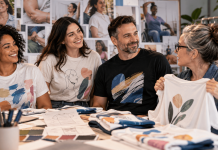 UCB Turned Swag Into Patient Support. That Changes the Role of Campaign Merch. Diverse patient advocates and designers collaborating on custom T-shirts inspired by real patient experiences for a patient-centered pharmaceutical marketing campaign.