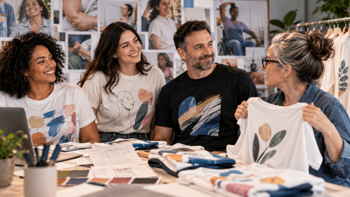 ucb-wear-it-out-patient-centered-campaign-design Diverse patient advocates and designers collaborating on custom T-shirts inspired by real patient experiences for a patient-centered pharmaceutical marketing campaign.